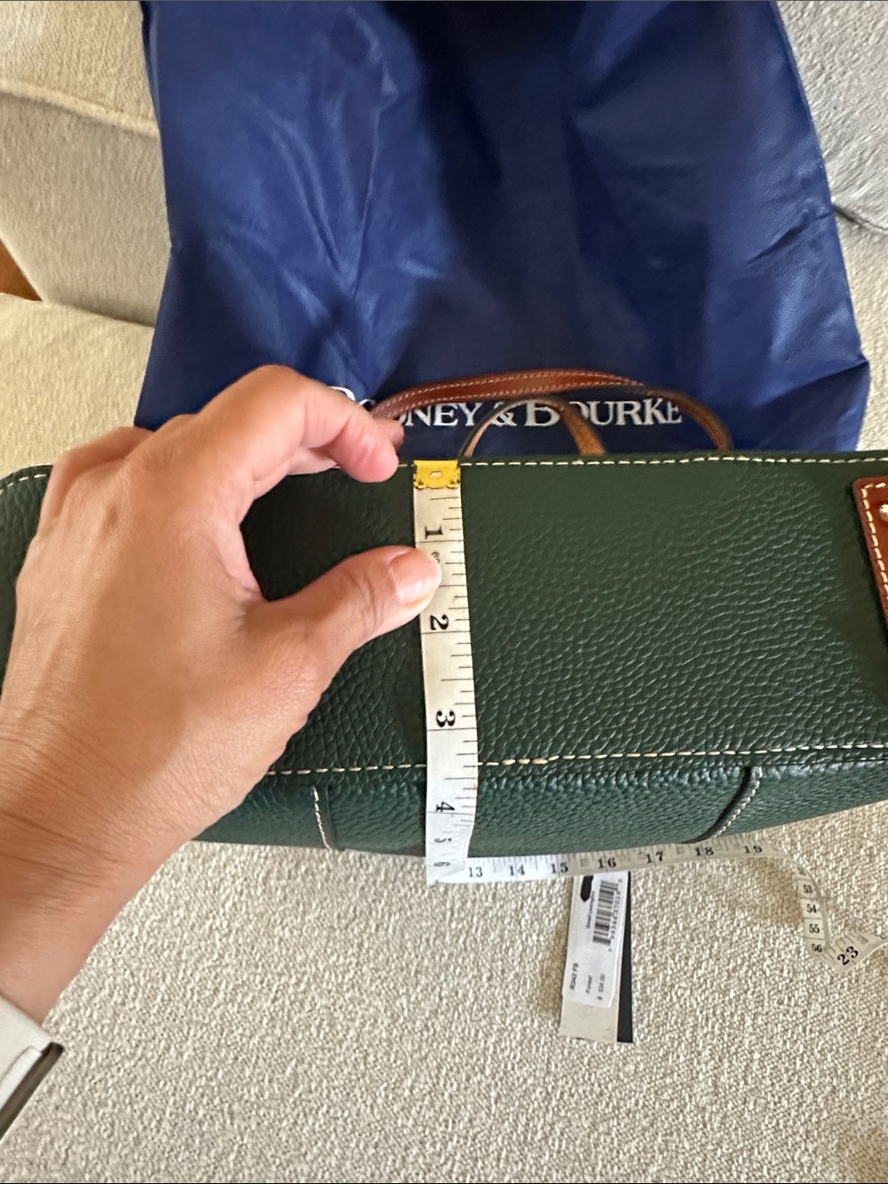 Dooney & Bourke Forest Green Pebbled Leather Tote with Brown Handles - Picture 6 of 7